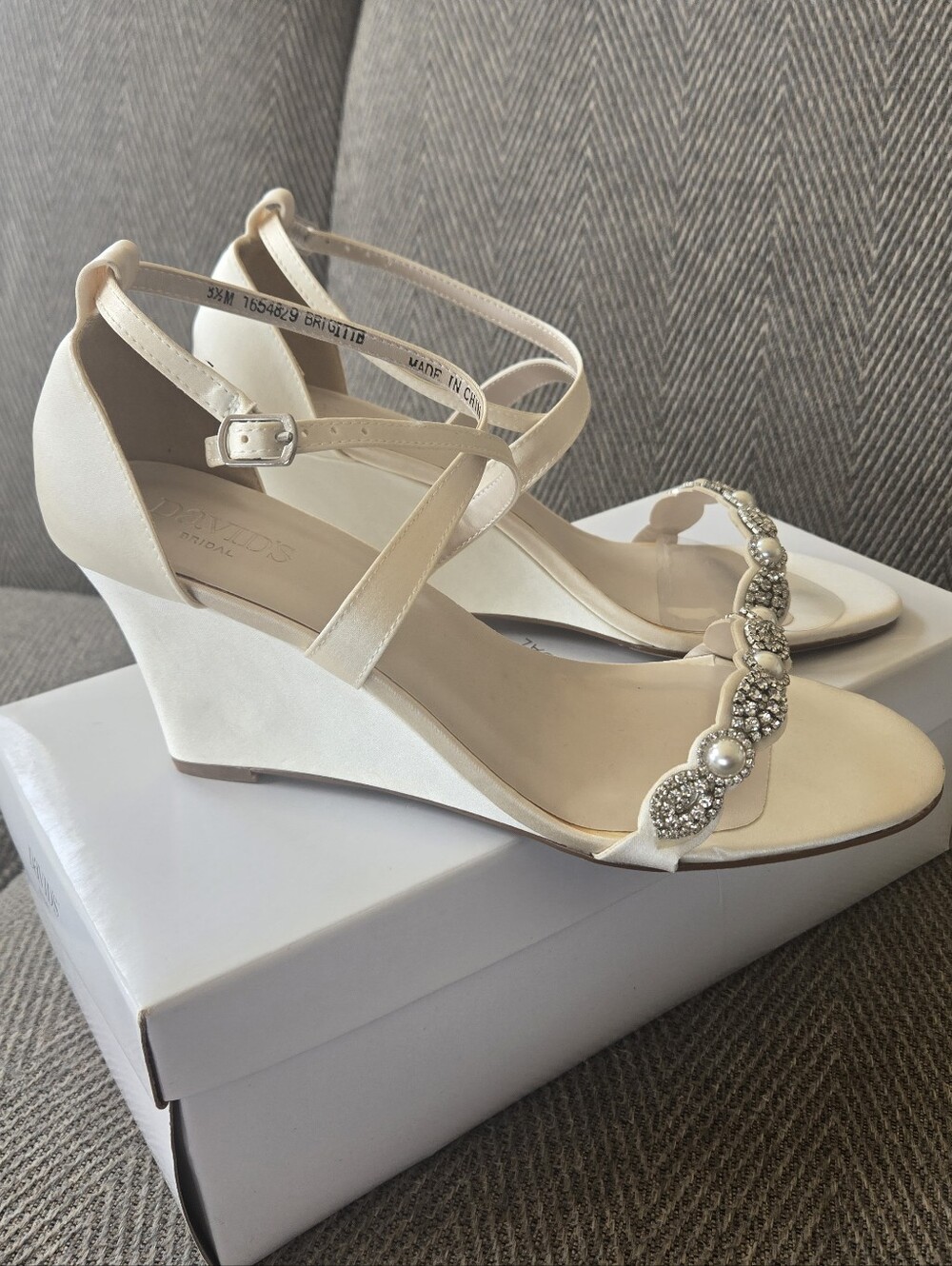 Davids Bridal Satin Ivory Wedge Sandals with Crystal Accents